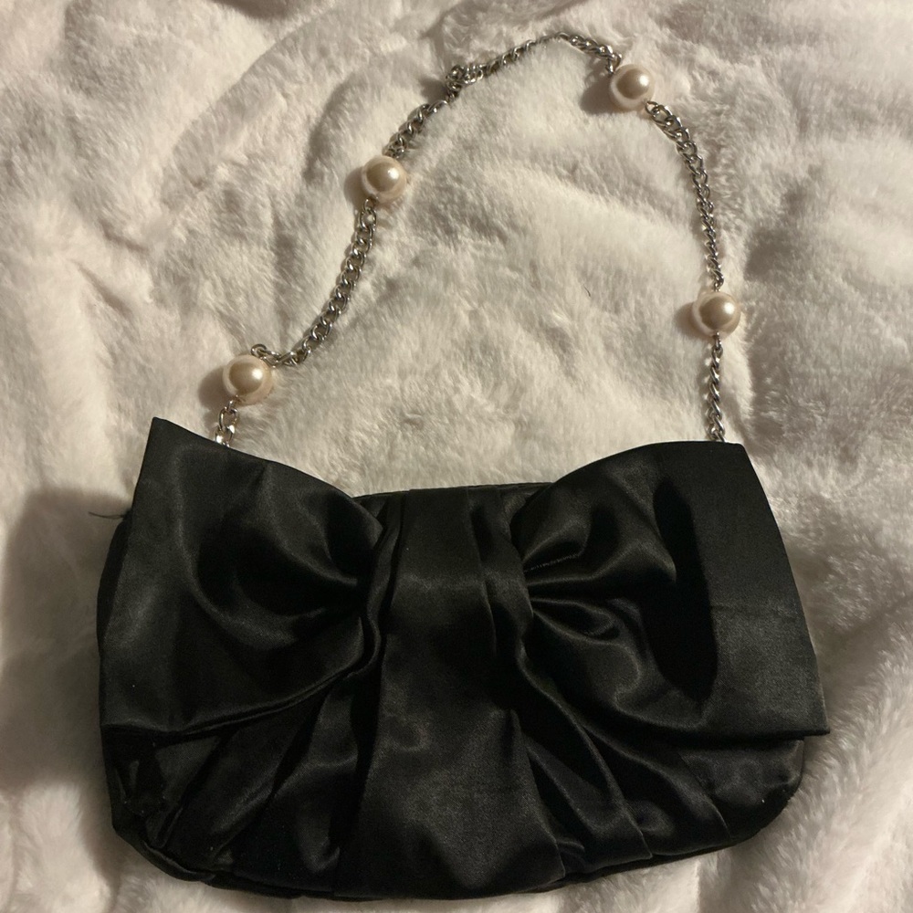 White House Black Market Elegant Black Satin Clutch with Pearl Chain